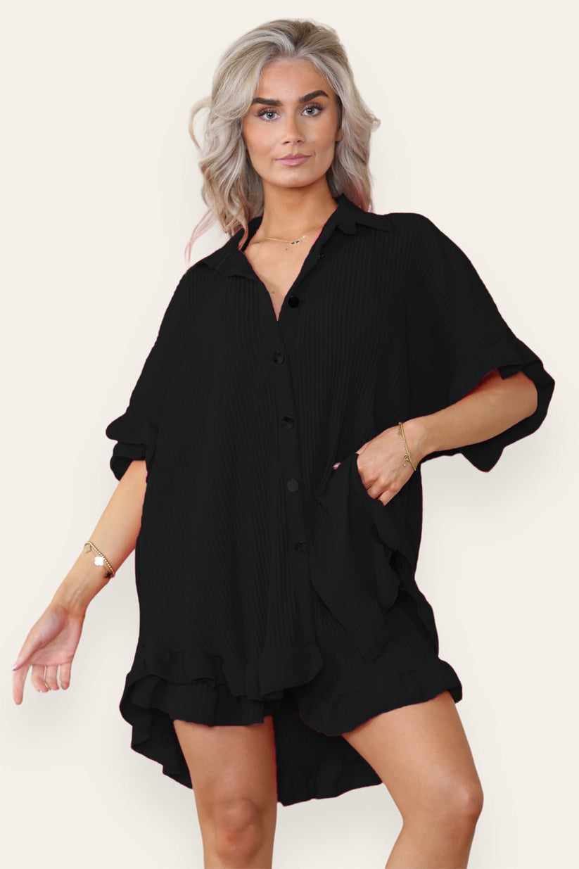 Women’s Casual Oversized Gold Button Pleated Frilled Ruffle Short Sleeves Shirt Top and Short Co-Ord Set 🇬🇧