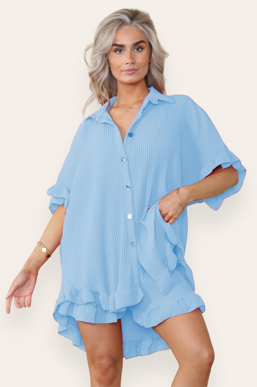 Women’s Casual Oversized Gold Button Pleated Frilled Ruffle Short Sleeves Shirt Top and Short Co-Ord Set 🇬🇧