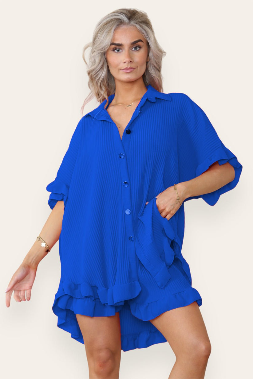 Women’s Casual Oversized Gold Button Pleated Frilled Ruffle Short Sleeves Shirt Top and Short Co-Ord Set 🇬🇧
