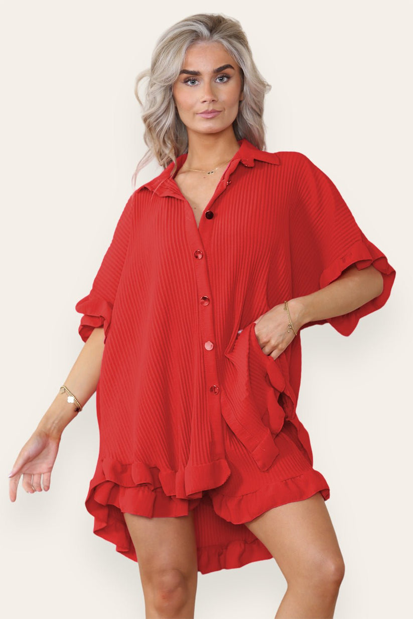 Women’s Casual Oversized Gold Button Pleated Frilled Ruffle Short Sleeves Shirt Top and Short Co-Ord Set 🇬🇧