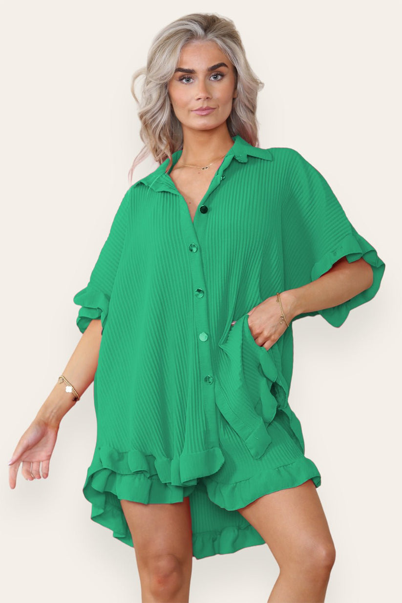 Women’s Casual Oversized Gold Button Pleated Frilled Ruffle Short Sleeves Shirt Top and Short Co-Ord Set 🇬🇧