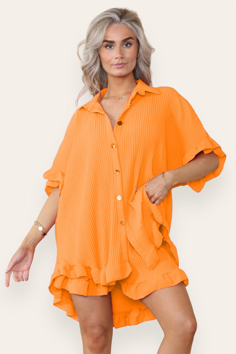Women’s Casual Oversized Gold Button Pleated Frilled Ruffle Short Sleeves Shirt Top and Short Co-Ord Set 🇬🇧