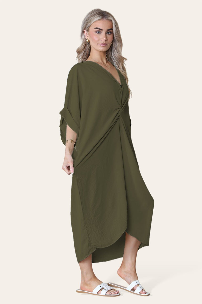 Womens V-Neck Tie Knotted Twisted Front Oversized Longline Midi Dress 🇬🇧