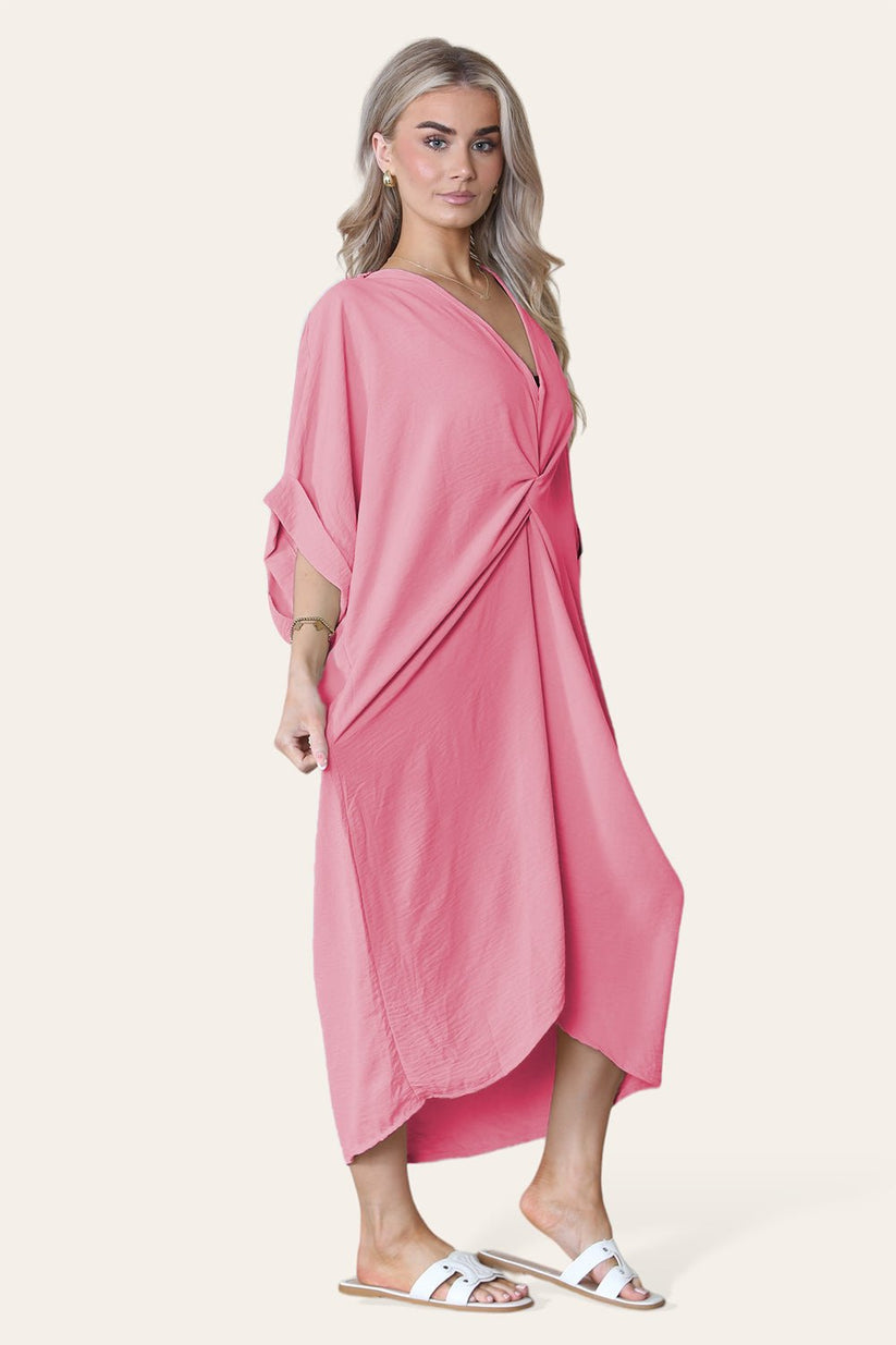 Womens V-Neck Tie Knotted Twisted Front Oversized Longline Midi Dress 🇬🇧