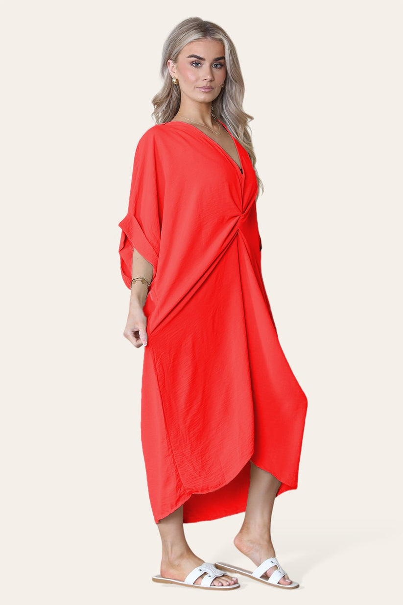 Womens V-Neck Tie Knotted Twisted Front Oversized Longline Midi Dress 🇬🇧