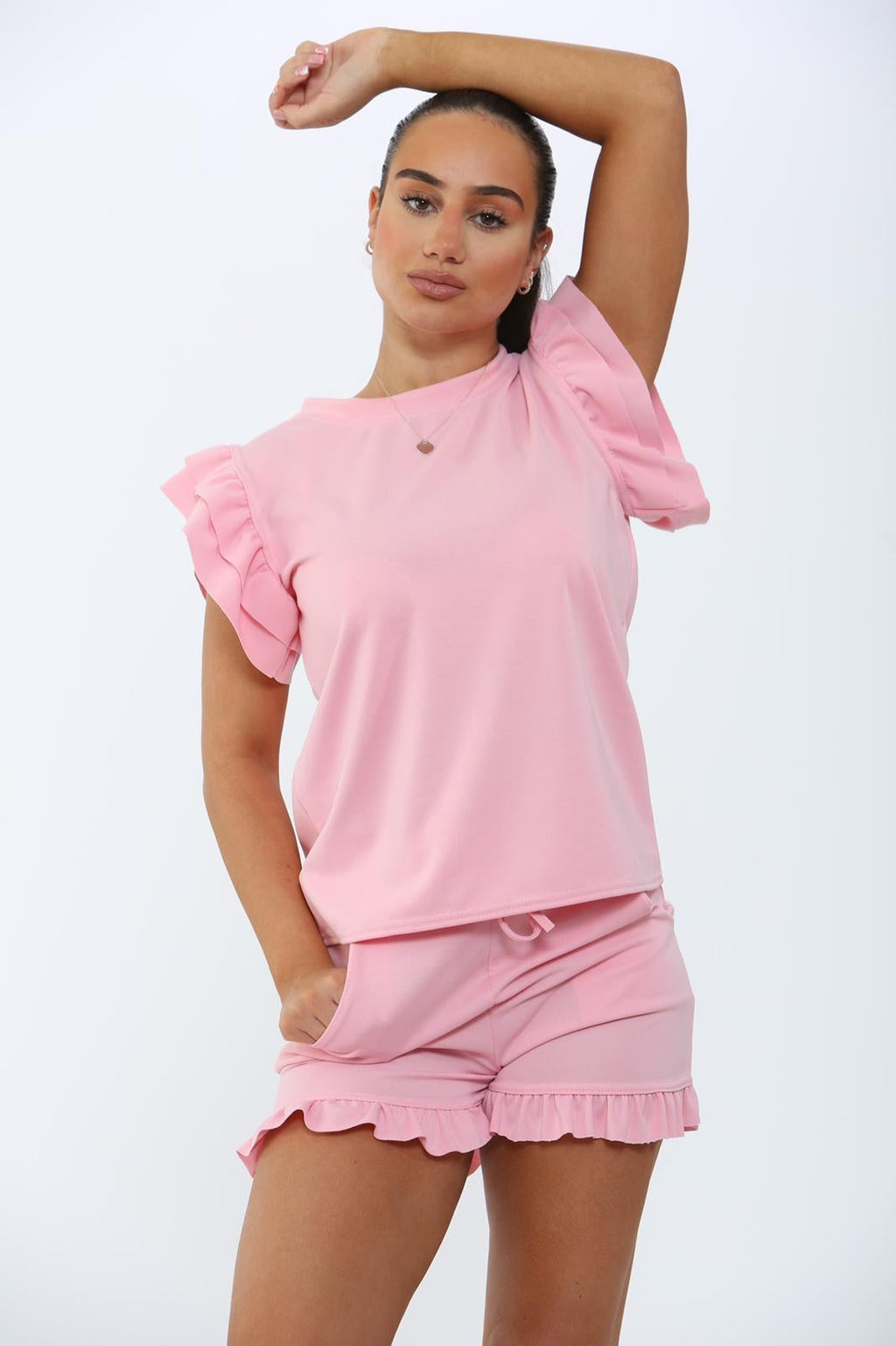 Ladies Frill Peplum Sleeve Top and Short 2 Piece Tracksuit Set 🇬🇧